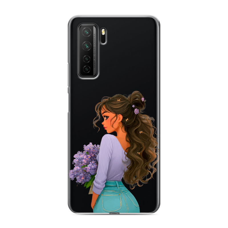 Силиконовый противоударный чехол на Huawei Honor 30S с принтом девушка цветы Силиконовый противоударный чехол на Huawei Honor 30S с принтом девушка цветы