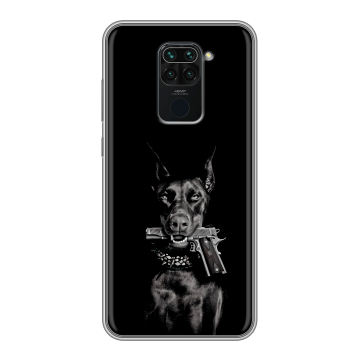 Силиконовый чехол на Xiaomi RedMi Note 9 с принтом Доберман и пистолет Силиконовый чехол на Xiaomi RedMi Note 9 с принтом Доберман и пистолет