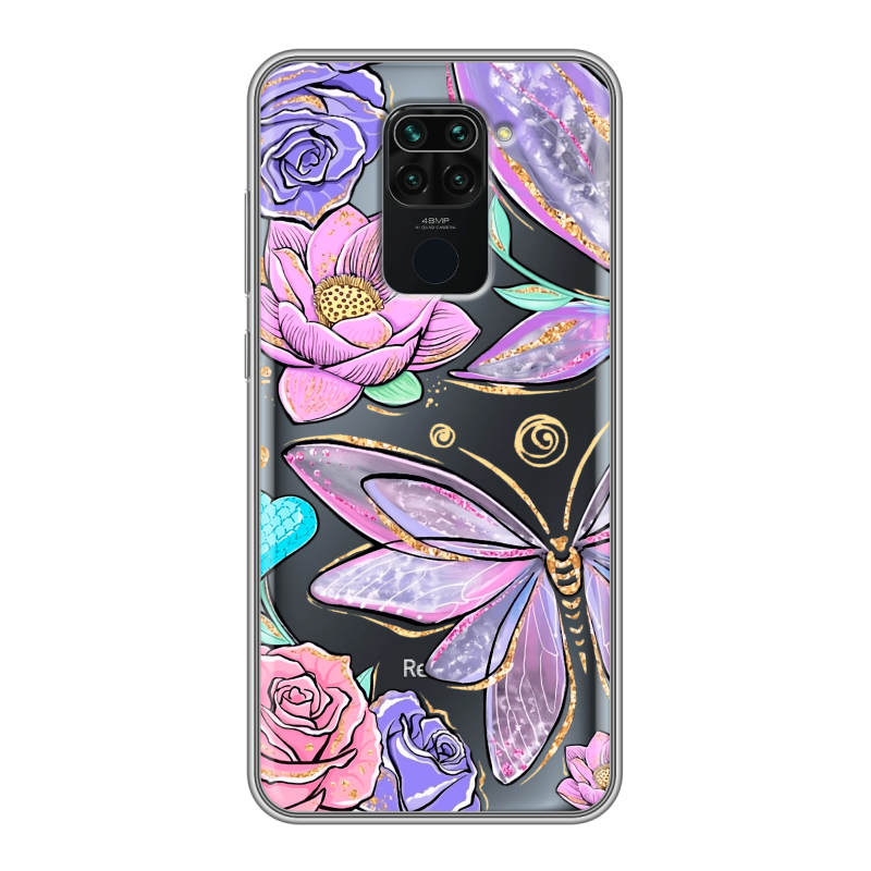 Силиконовый противоударный чехол на Xiaomi RedMi Note 9 с принтом Бабочки и цветы Силиконовый противоударный чехол на Xiaomi RedMi Note 9 с принтом Бабочки и цветы