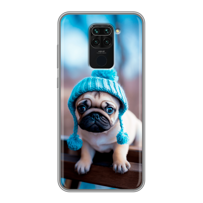 Силиконовый противоударный чехол на Xiaomi RedMi Note 9 с принтом Мопс в шапке Силиконовый противоударный чехол на Xiaomi RedMi Note 9 с принтом Мопс в шапке