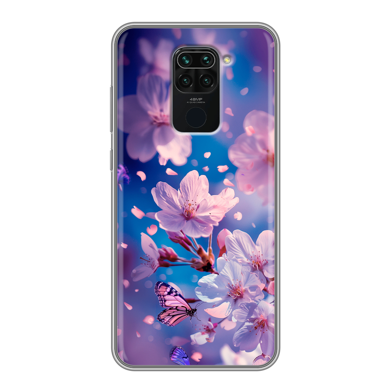 Силиконовый противоударный чехол на Xiaomi RedMi Note 9 с принтом цветы бабочки Силиконовый противоударный чехол на Xiaomi RedMi Note 9 с принтом цветы бабочки