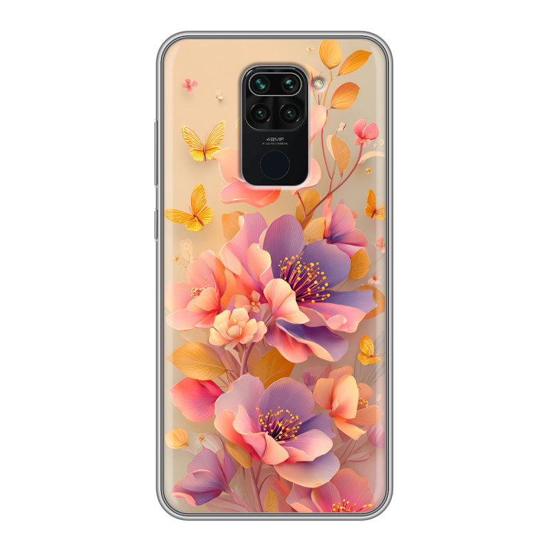 Силиконовый противоударный чехол на Xiaomi RedMi Note 9 с принтом Цветы и бабочки Силиконовый противоударный чехол на Xiaomi RedMi Note 9 с принтом Цветы и бабочки