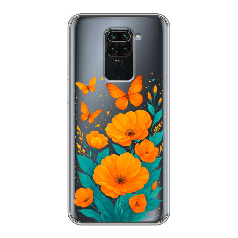 Силиконовый чехол на Xiaomi RedMi Note 9 с принтом цветы бабочки Силиконовый чехол на Xiaomi RedMi Note 9 с принтом цветы бабочки
