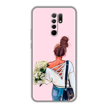 Силиконовый чехол на Xiaomi RedMi 9 с принтом Девушка и букет Силиконовый чехол на Xiaomi RedMi 9 с принтом Девушка и букет