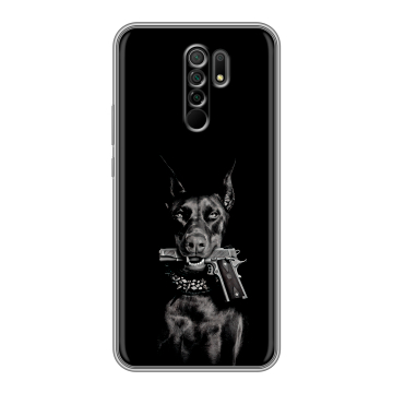 Силиконовый чехол на Xiaomi RedMi 9 с принтом Доберман и пистолет Силиконовый чехол на Xiaomi RedMi 9 с принтом Доберман и пистолет