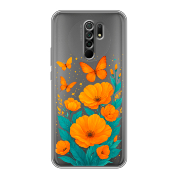 Силиконовый чехол на Xiaomi RedMi 9 с принтом цветы бабочки Силиконовый чехол на Xiaomi RedMi 9 с принтом цветы бабочки
