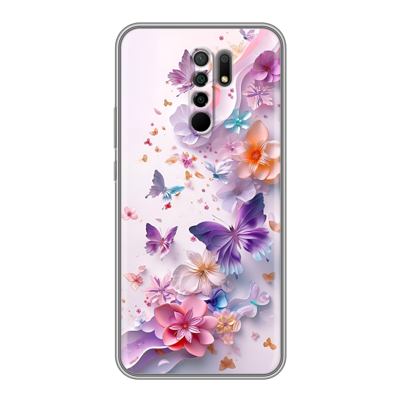 Силиконовый чехол на Xiaomi RedMi 9 с принтом цветы бабочки Силиконовый чехол на Xiaomi RedMi 9 с принтом цветы бабочки