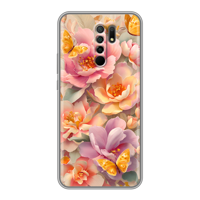 Силиконовый чехол на Xiaomi RedMi 9 с принтом Цветы и бабочки Силиконовый чехол на Xiaomi RedMi 9 с принтом Цветы и бабочки