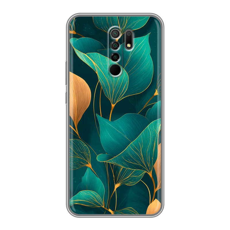 Силиконовый чехол на Xiaomi RedMi 9 с принтом Листья и золото Силиконовый чехол на Xiaomi RedMi 9 с принтом Листья и золото