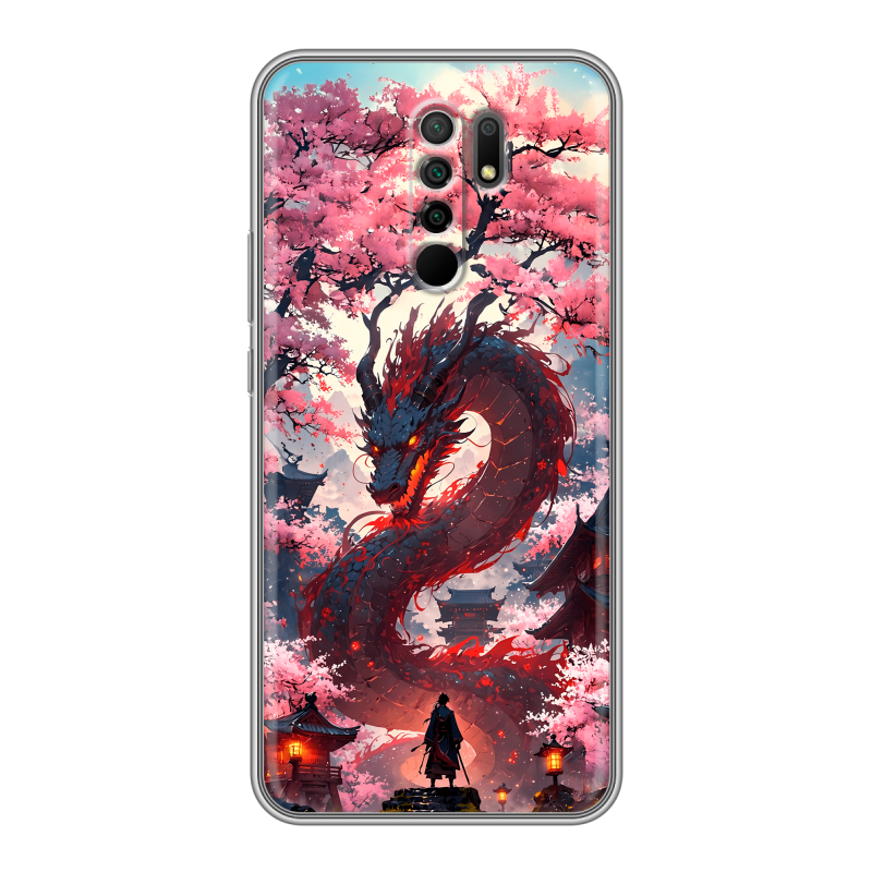 Силиконовый противоударный чехол на Xiaomi RedMi 9 с принтом Дракон Японский Силиконовый противоударный чехол на Xiaomi RedMi 9 с принтом Дракон Японский