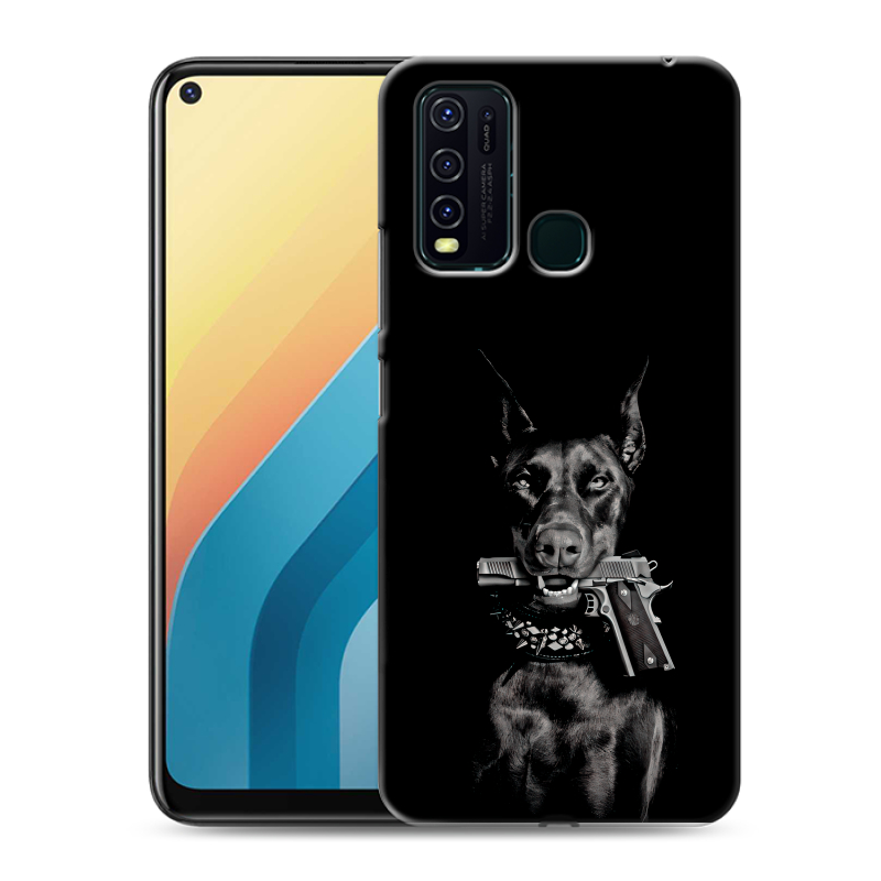 Пластиковый чехол на Vivo Y30 с принтом Доберман и пистолет Пластиковый чехол на Vivo Y30 с принтом Доберман и пистолет