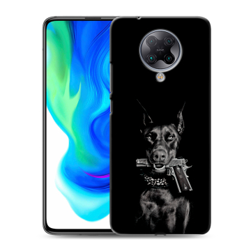 Силиконовый чехол на Xiaomi Poco F2 Pro с принтом Доберман и пистолет