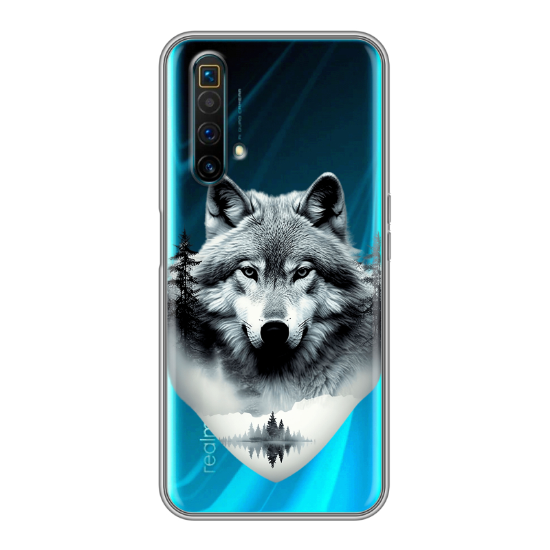 Силиконовый чехол на Realme X3 SuperZoom с принтом Волк в лесу Силиконовый чехол на Realme X3 SuperZoom с принтом Волк в лесу