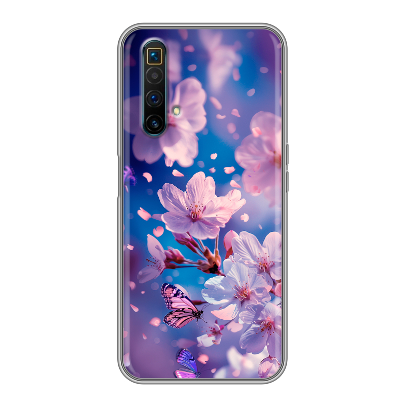 Силиконовый противоударный чехол на Realme X3 SuperZoom с принтом цветы бабочки Силиконовый противоударный чехол на Realme X3 SuperZoom с принтом цветы бабочки