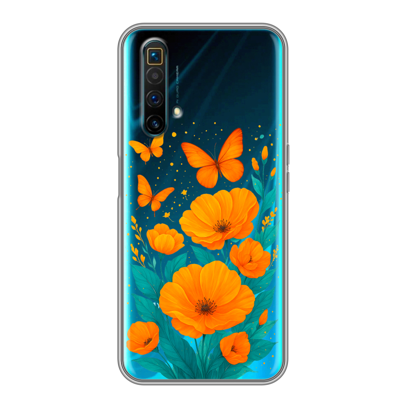Силиконовый противоударный чехол на Realme X3 SuperZoom с принтом цветы бабочки Силиконовый противоударный чехол на Realme X3 SuperZoom с принтом цветы бабочки