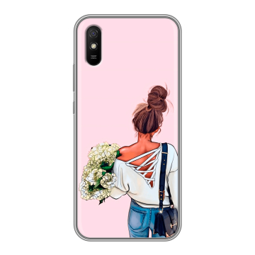 Силиконовый чехол на Xiaomi RedMi 9A с принтом Девушка и букет Силиконовый чехол на Xiaomi RedMi 9A с принтом Девушка и букет