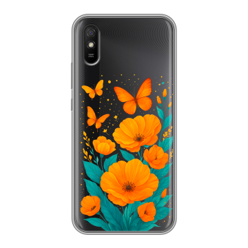 Силиконовый чехол на Xiaomi RedMi 9A с принтом цветы бабочки Силиконовый чехол на Xiaomi RedMi 9A с принтом цветы бабочки