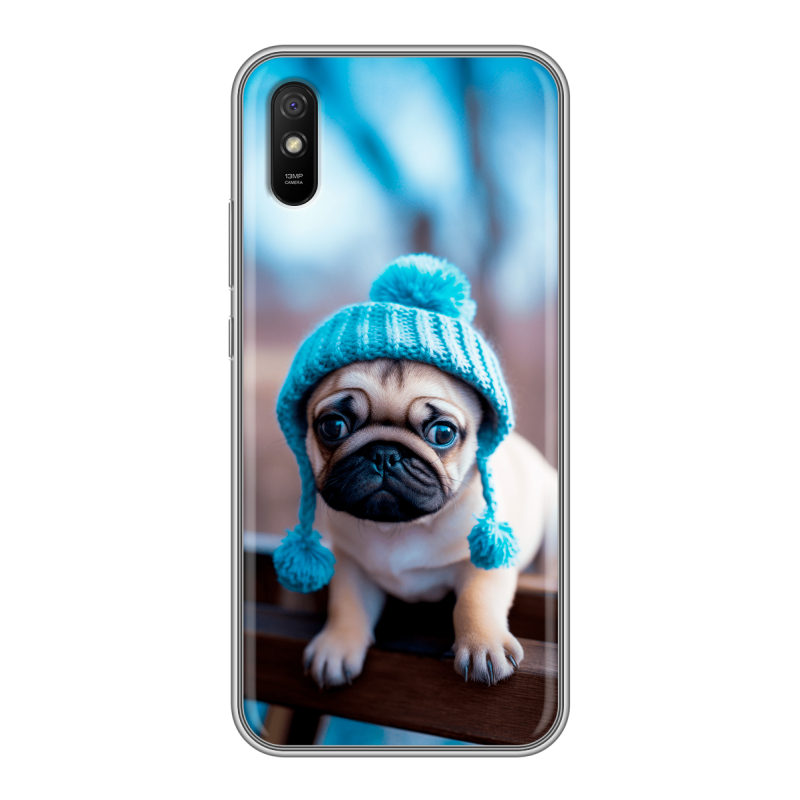 Силиконовый противоударный чехол на Xiaomi RedMi 9A с принтом Мопс в шапке Силиконовый противоударный чехол на Xiaomi RedMi 9A с принтом Мопс в шапке