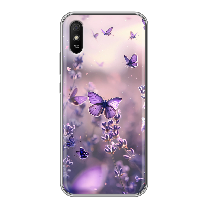 Силиконовый противоударный чехол на Xiaomi RedMi 9A с принтом бабочки и лаванда Силиконовый противоударный чехол на Xiaomi RedMi 9A с принтом бабочки и лаванда