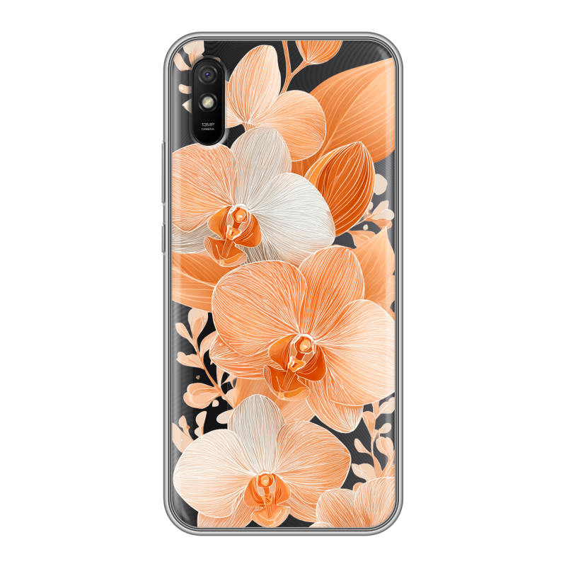 Силиконовый противоударный чехол на Xiaomi RedMi 9A с принтом Бежевые цветы Силиконовый противоударный чехол на Xiaomi RedMi 9A с принтом Бежевые цветы