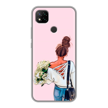 Силиконовый чехол на Xiaomi RedMi 9C с принтом Девушка и букет Силиконовый чехол на Xiaomi RedMi 9C с принтом Девушка и букет