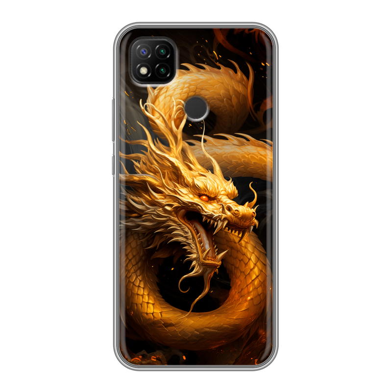 Силиконовый противоударный чехол на Xiaomi RedMi 9C с принтом Золотой дракон Силиконовый противоударный чехол на Xiaomi RedMi 9C с принтом Золотой дракон