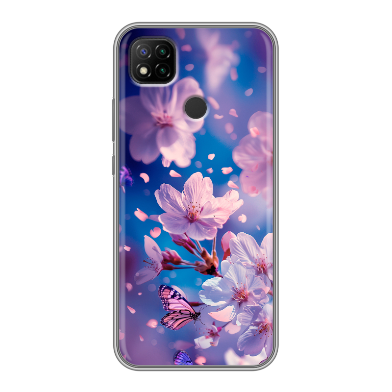Силиконовый чехол на Xiaomi RedMi 9C с принтом цветы бабочки Силиконовый чехол на Xiaomi RedMi 9C с принтом цветы бабочки