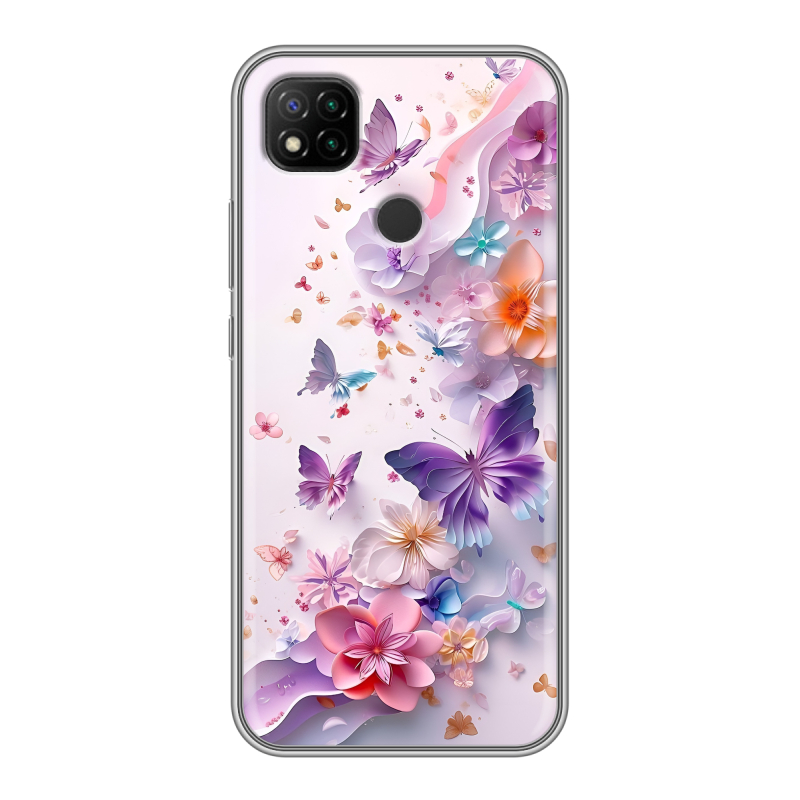 Силиконовый чехол на Xiaomi RedMi 9C с принтом цветы бабочки Силиконовый чехол на Xiaomi RedMi 9C с принтом цветы бабочки