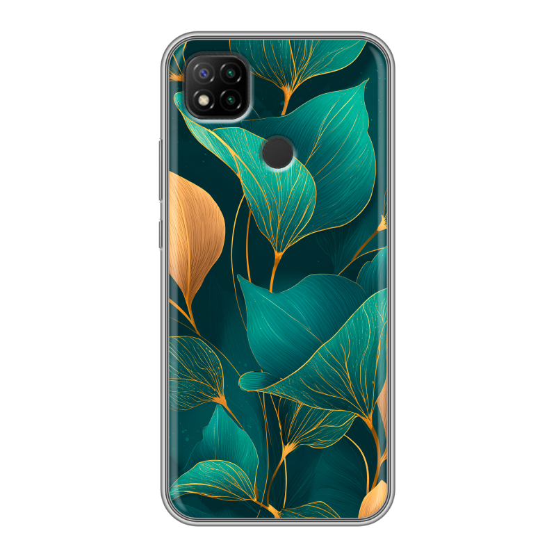 Силиконовый чехол на Xiaomi RedMi 9C с принтом Листья и золото Силиконовый чехол на Xiaomi RedMi 9C с принтом Листья и золото