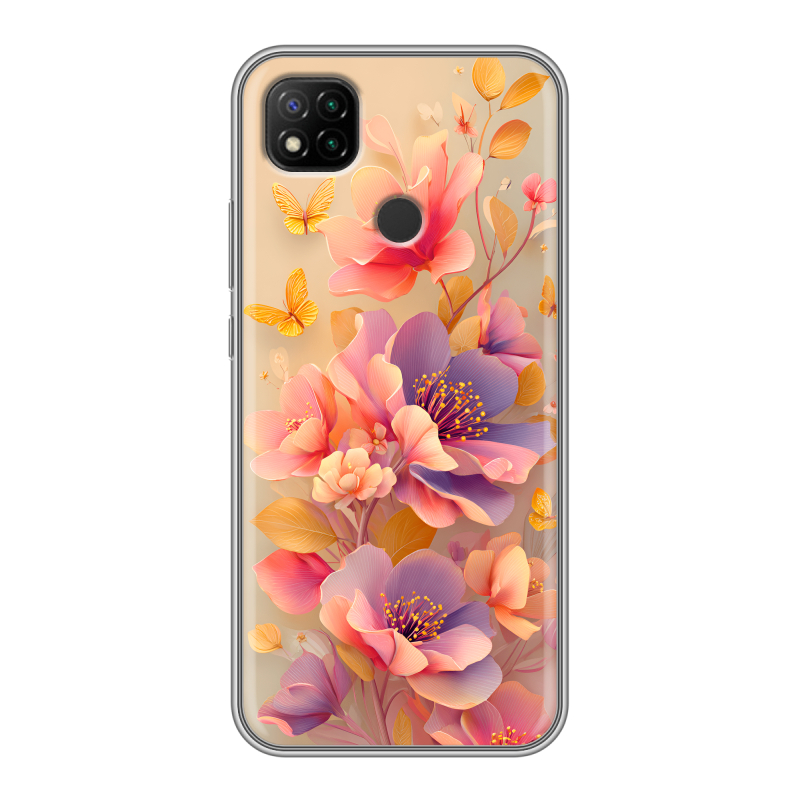 Силиконовый противоударный чехол на Xiaomi RedMi 9C с принтом Цветы и бабочки Силиконовый противоударный чехол на Xiaomi RedMi 9C с принтом Цветы и бабочки