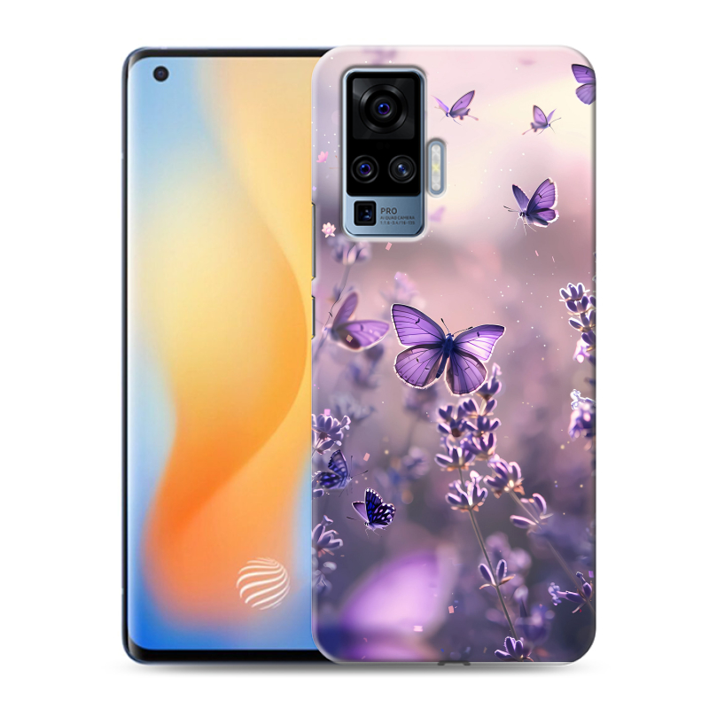 Силиконовый противоударный чехол на Vivo X50 Pro с принтом бабочки и лаванда Силиконовый противоударный чехол на Vivo X50 Pro с принтом бабочки и лаванда