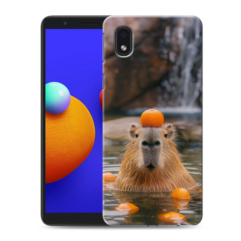 Силиконовый противоударный чехол на Samsung Galaxy A01 Core с принтом Капибара с апельсином Силиконовый противоударный чехол на Samsung Galaxy A01 Core с принтом Капибара с апельсином