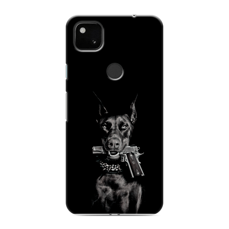 Пластиковый чехол на Google Pixel 4a с принтом Доберман и пистолет Пластиковый чехол на Google Pixel 4a с принтом Доберман и пистолет