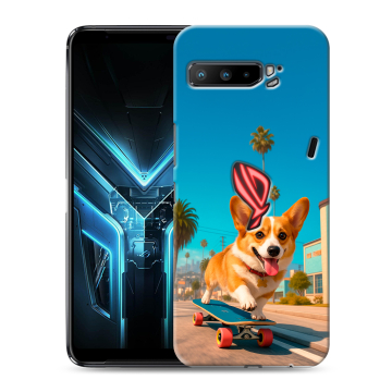 Силиконовый противоударный чехол на ASUS ROG Phone 3 с принтом Корги на скейте Силиконовый противоударный чехол на ASUS ROG Phone 3 с принтом Корги на скейте