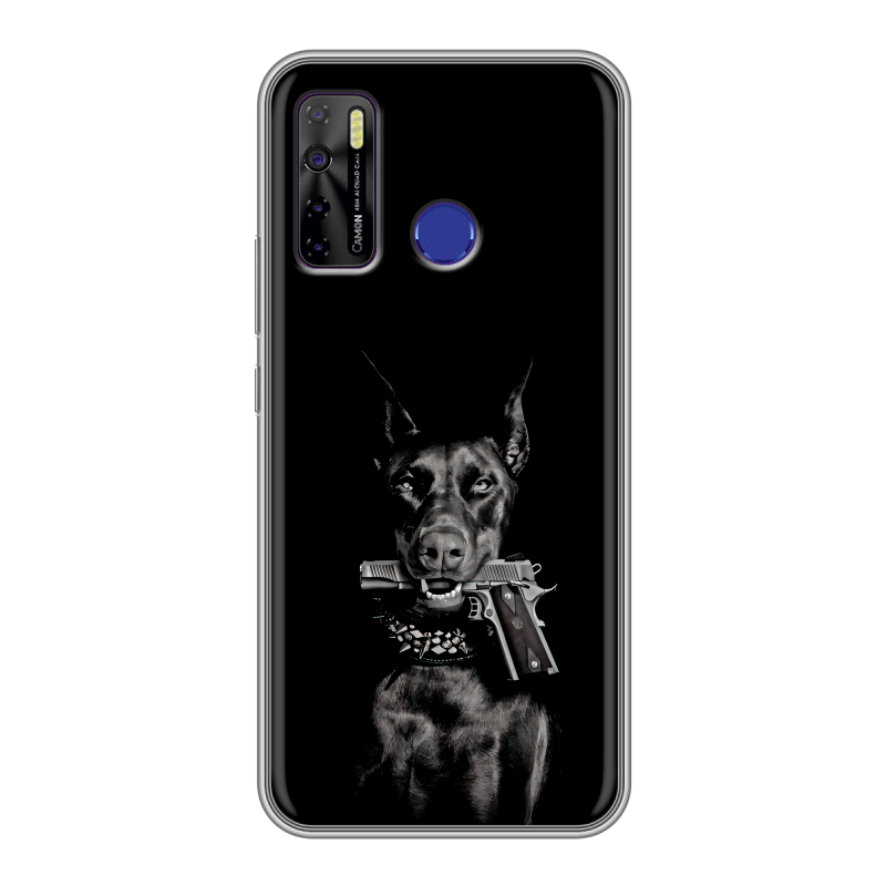 Силиконовый чехол на Tecno Camon 15 с принтом Доберман и пистолет Силиконовый чехол на Tecno Camon 15 с принтом Доберман и пистолет