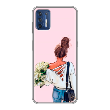 Силиконовый чехол на Motorola Moto G9 Plus с принтом Девушка и букет