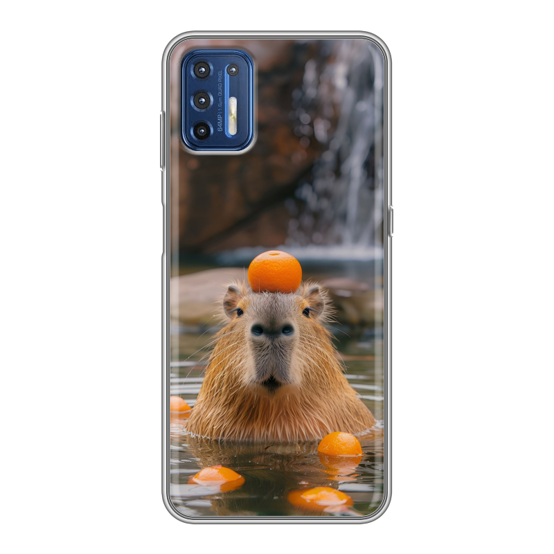 Силиконовый противоударный чехол на Motorola Moto G9 Plus с принтом Капибара с апельсином Силиконовый противоударный чехол на Motorola Moto G9 Plus с принтом Капибара с апельсином