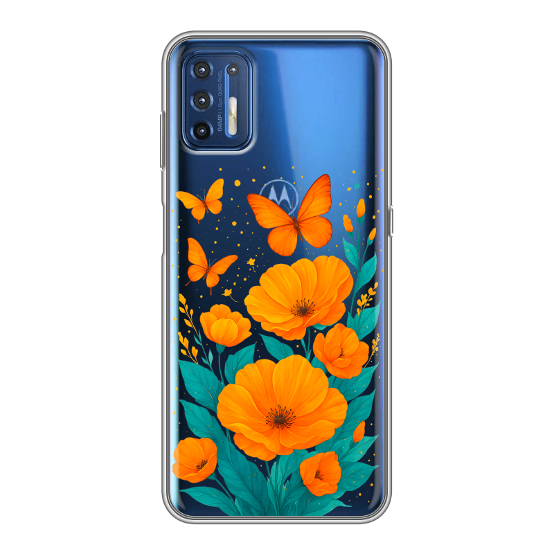 Силиконовый противоударный чехол на Motorola Moto G9 Plus с принтом цветы бабочки Силиконовый противоударный чехол на Motorola Moto G9 Plus с принтом цветы бабочки