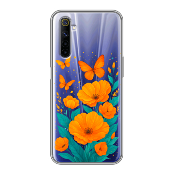 Силиконовый противоударный чехол на Realme 6S с принтом цветы бабочки Силиконовый противоударный чехол на Realme 6S с принтом цветы бабочки
