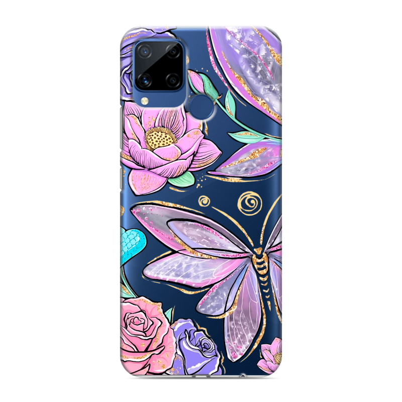 Пластиковый чехол на Realme C15 с принтом Бабочки и цветы Пластиковый чехол на Realme C15 с принтом Бабочки и цветы