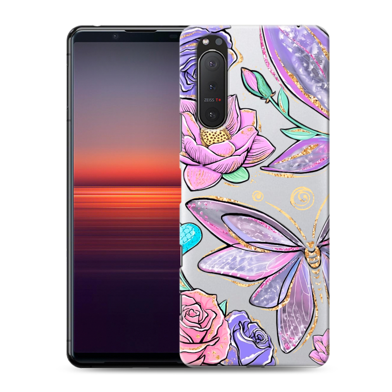 Силиконовый противоударный чехол на Sony Xperia 5 II с принтом Бабочки и цветы Силиконовый противоударный чехол на Sony Xperia 5 II с принтом Бабочки и цветы