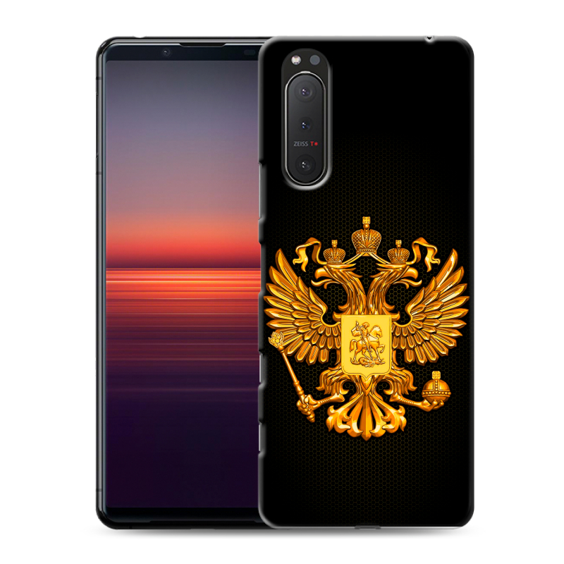 Силиконовый противоударный чехол на Sony Xperia 5 II с принтом Герб России желтый Силиконовый противоударный чехол на Sony Xperia 5 II с принтом Герб России желтый
