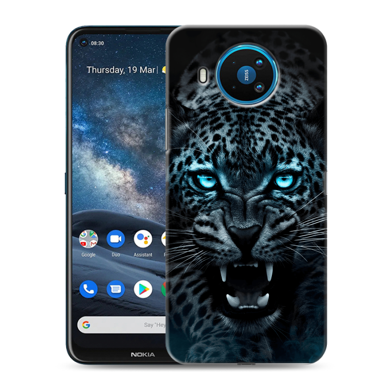 Силиконовый противоударный чехол на Nokia 8.3 с принтом Темный леопард Силиконовый противоударный чехол на Nokia 8.3 с принтом Темный леопард