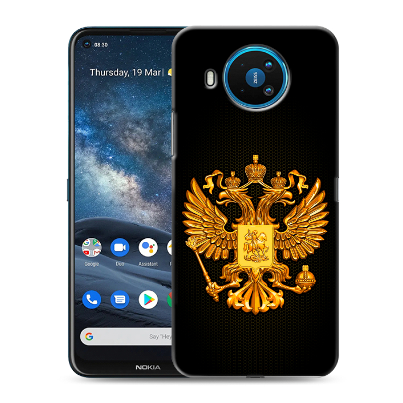 Силиконовый противоударный чехол на Nokia 8.3 с принтом Герб России желтый Силиконовый противоударный чехол на Nokia 8.3 с принтом Герб России желтый