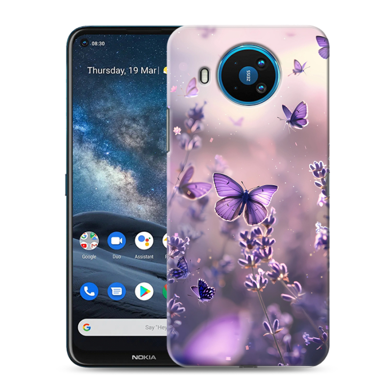 Силиконовый чехол на Nokia 8.3 с принтом бабочки и лаванда Силиконовый чехол на Nokia 8.3 с принтом бабочки и лаванда