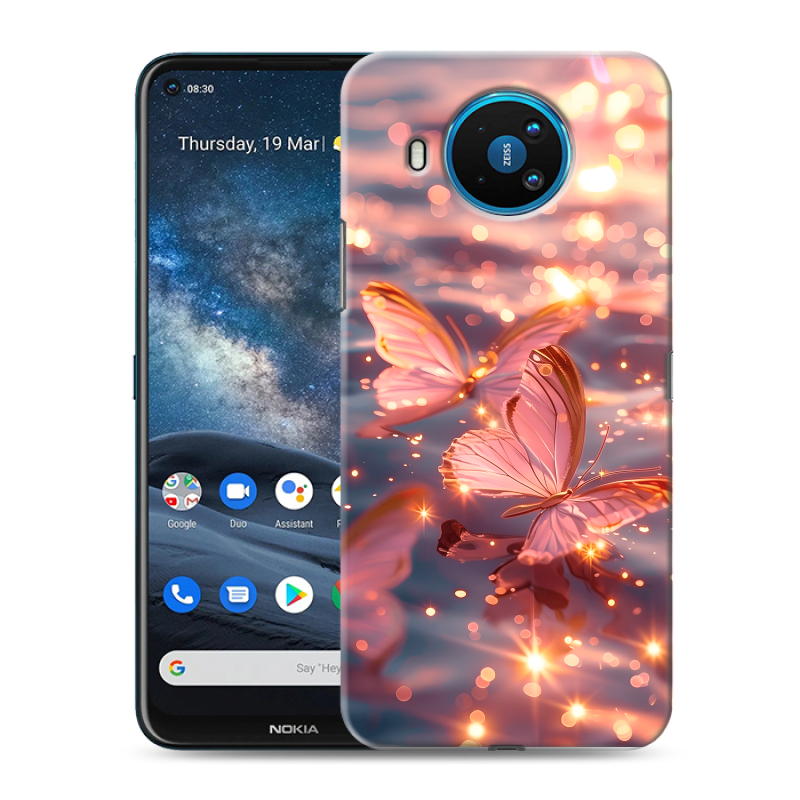 Силиконовый противоударный чехол на Nokia 8.3 с принтом бабочки розовые Силиконовый противоударный чехол на Nokia 8.3 с принтом бабочки розовые
