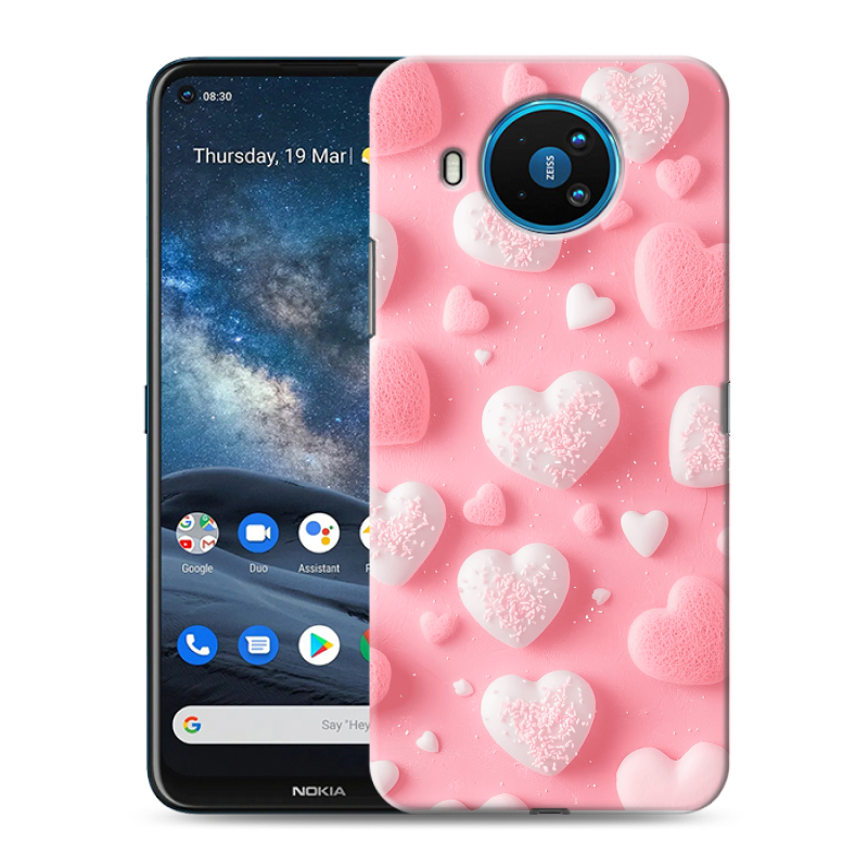 Силиконовый противоударный чехол на Nokia 8.3 с принтом Сердечки Силиконовый противоударный чехол на Nokia 8.3 с принтом Сердечки