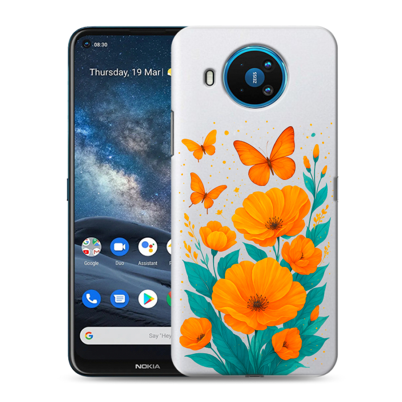Силиконовый противоударный чехол на Nokia 8.3 с принтом цветы бабочки Силиконовый противоударный чехол на Nokia 8.3 с принтом цветы бабочки