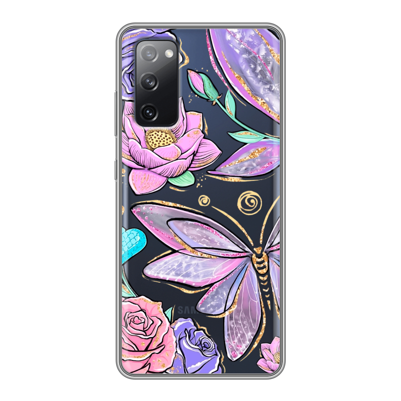 Силиконовый противоударный чехол на Samsung Galaxy S20 FE с принтом Бабочки и цветы Силиконовый противоударный чехол на Samsung Galaxy S20 FE с принтом Бабочки и цветы
