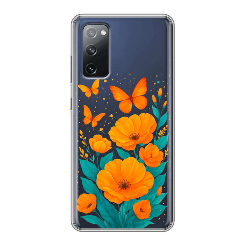 Силиконовый противоударный чехол на Samsung Galaxy S20 FE с принтом цветы бабочки Силиконовый противоударный чехол на Samsung Galaxy S20 FE с принтом цветы бабочки